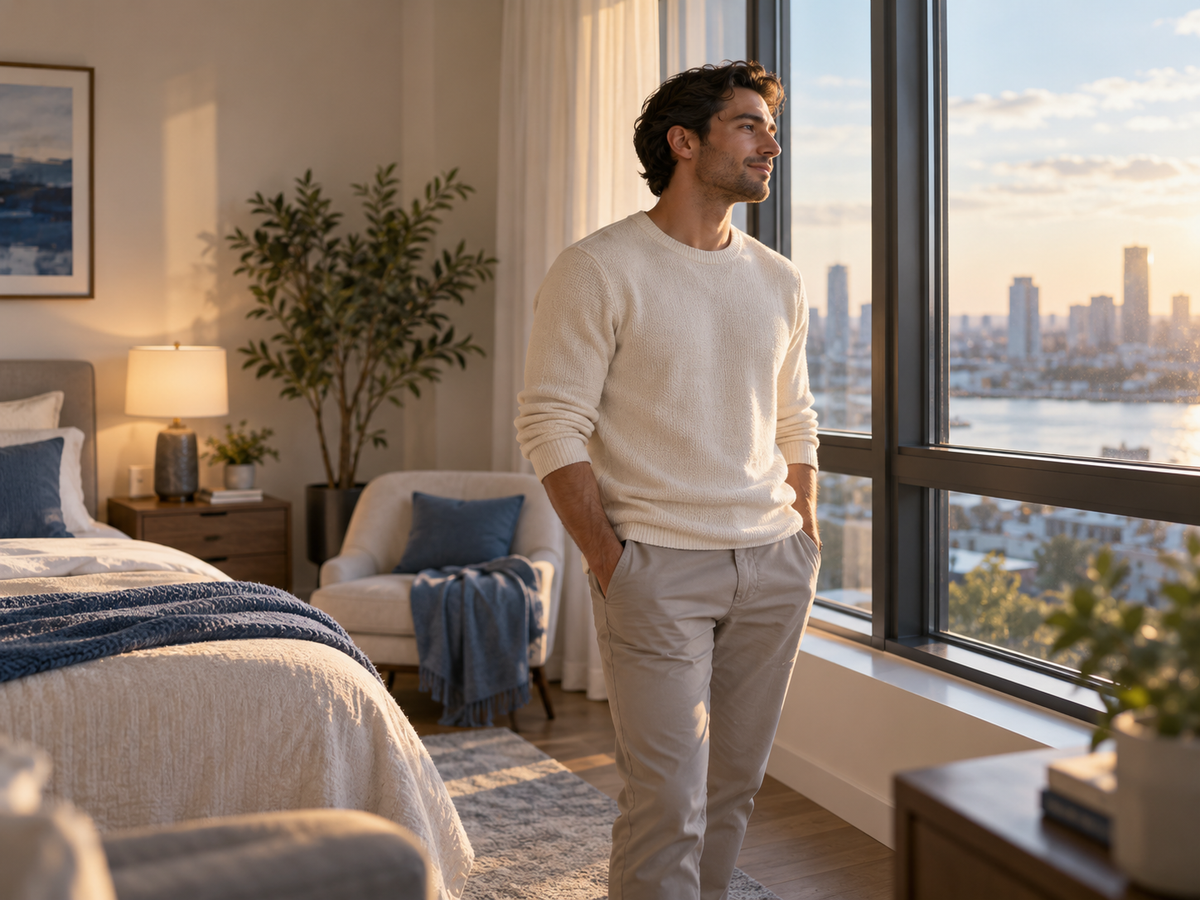 Man relaxing on a light sofa in a modern apartment at dusk