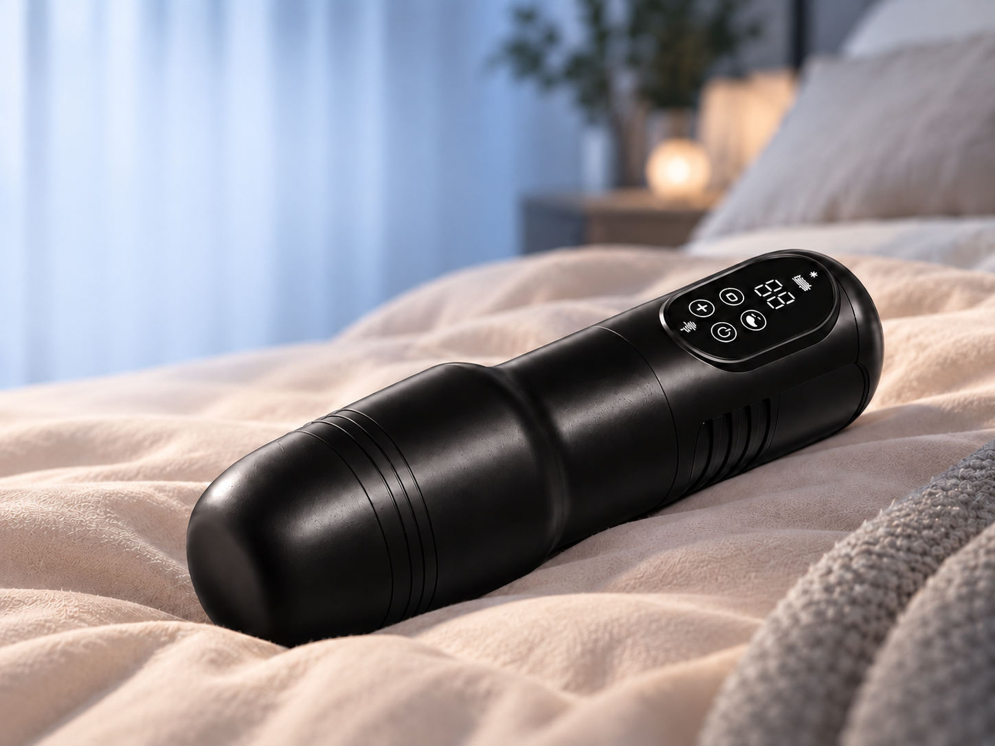 Cupsland automatic male masturbator in a warm bedroom setting